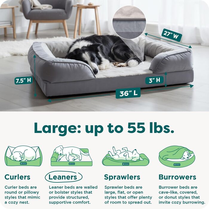 Ліжко для собак Furhaven Velvet Waves, сірий граніт, 91x69x20 см. Підходить для великих, середніх та малих собак.