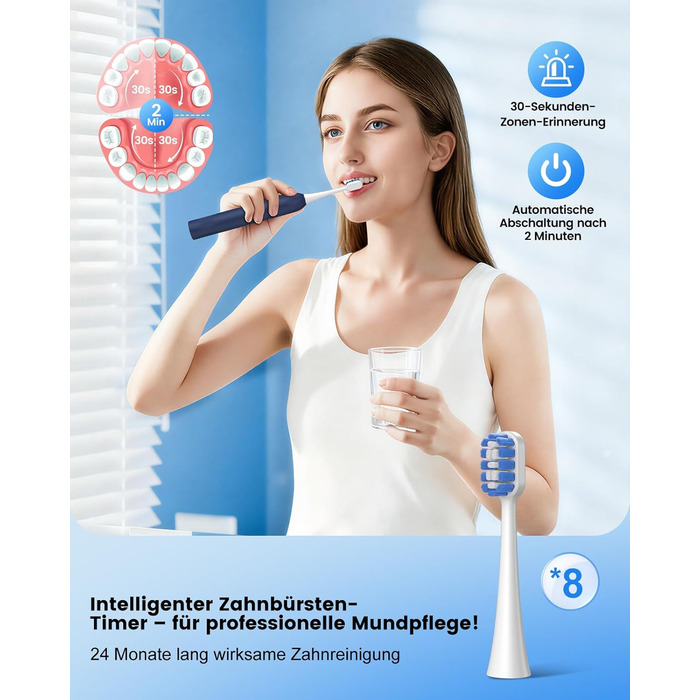 Електрична зубна щітка зі звуковою технологією, 5 режимів, таймер 30s, відбілює зуби за 2 тижні, 8 змінних насадок, IPX7, блакитна
