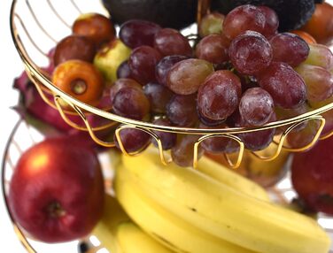 Металевий кошик для фруктів та овочів з ручкою - 3 яруси, великий, з нержавіючої сталі, з циркуляцією повітря (45 см, Ø30-24-16.5 см), золотий