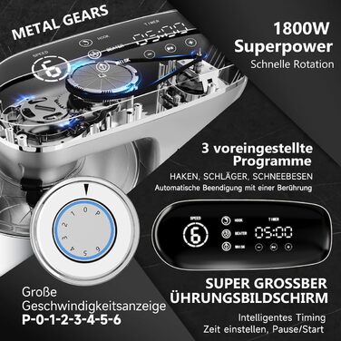 Кухонна машина HOMELUX 1800W з чашею 8 л з нержавіючої сталі, 6 швидкостей, LED-дисплей, насадки для замішування, збивання та нарізки, сіра