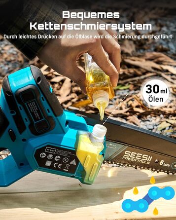 SEESII Безщіткова міні-пилка 6 дюймів, ручна акумуляторна пилка з 2 * 4000 mAh акумуляторами, одноручна акумуляторна пилка з автоматичним змащенням, сумісна з акумулятором Makita 18V, електрична пилка для дерева, гілок 6 дюймів безщіткова (6+8 дюймів безщ