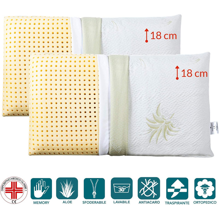 Набір з 2 подушок EVERGREENWEB 40x80 см, 18 см, ортопедичні, Memory Foam, знімний чохол Aloe Vera і бавовна, для болю в шиї, медичний виріб