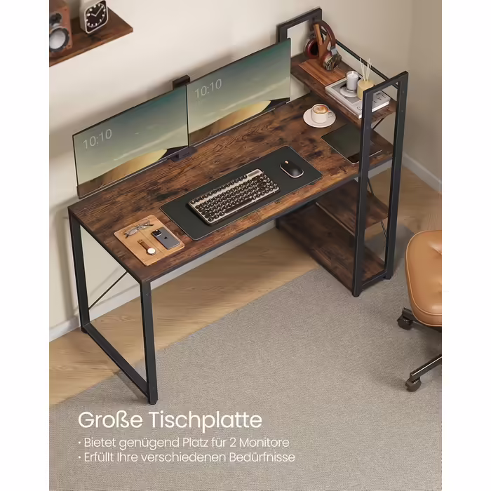 VASAGLE Desk, Computer Table with Shelves on the Right or Left, 137.2 cm Wide Office Desk, for Study Room, Home Office, Easy Assembly, Vintage Brown-Black LWD049B01