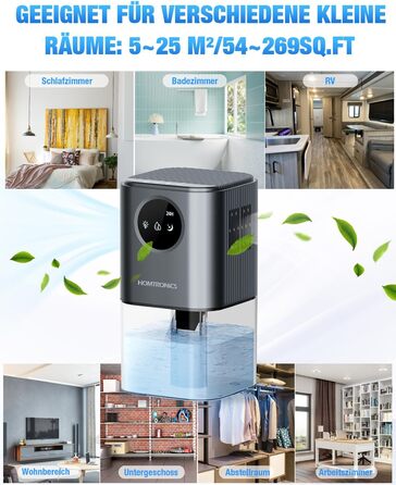 Електричний осушувач повітря Homtronics 1700 мл, портативний, тихий, з підсвіткою, таймер, для ванної, спальні, кухні, білий (сірий)