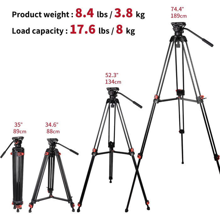 Штатив для камери COMAN 186 см з алюмінію - тринога з поворотним кріпленням 360° та нахилом ±90°, відеоштатив, сумісний з DJI Rs, Manfrotto, максимальне навантаження 10 кг (Q5)