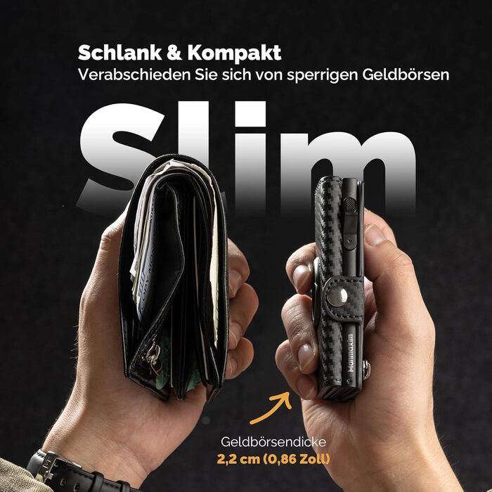 Чоловічий тонкий гаманець Portmonee з захистом RFID, Smart гаманець для карток та грошей, компактний Air Tag гаманець для 12 карт та 2 посвідчення, гаманець з висувним механізмом та відділенням для монет, A002 - Чорний карбон