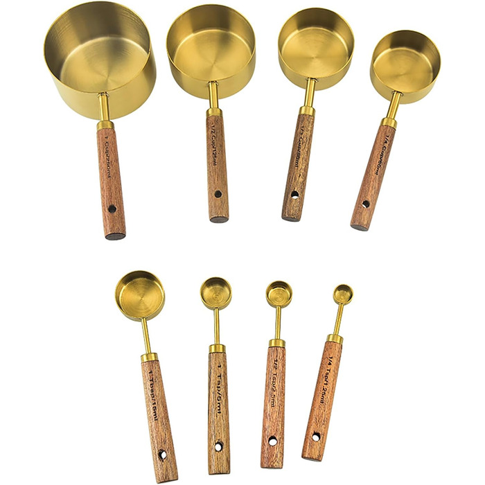 8-Piece Stainless Steel Measuring Cups and Measuring Spoons Set, Cup Measuring Cups Set, Measuring Spoons in Grams, Measuring Cups and Measuring Spoons, 4 Measuring Cups and 4 Spoons (Gold)