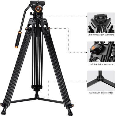 Штатив для камери K&F CONCEPT VA18+ VH081: професійний відеоштатив з поворотним кріпленням, 184 см, для DSLR та відеокамер