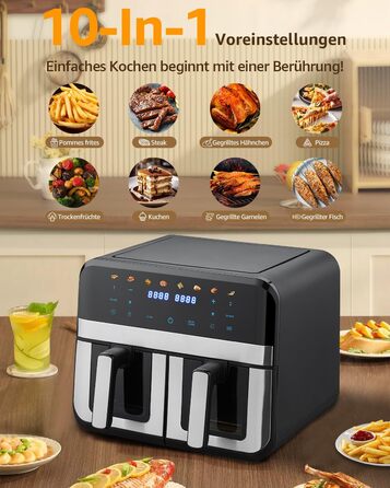 Фритюрниця повітряна Jacgood з 2 кошиками, 1800W, 9L, цифрове керування, 8 меню, з прозорим вікном