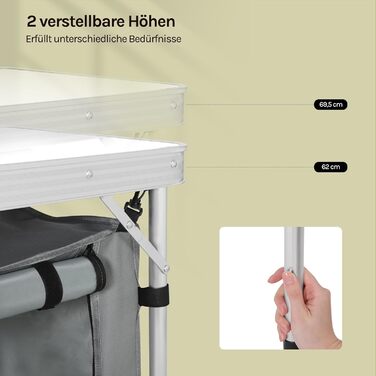 Складний алюмінієвий кемпінговий стіл WOLTU з регульованою висотою та полицями для зберігання, білий+сірий - для пікніка, пляжу, саду