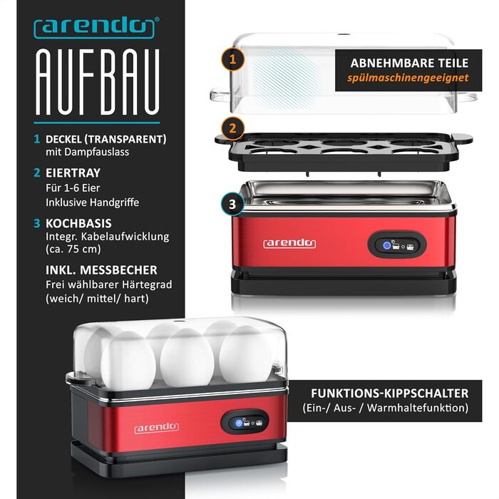 Електричний яйцеварка Arendo з нержавіючої сталі з підігрівом, регулюванням ступеня готовності та індикатором, червоний