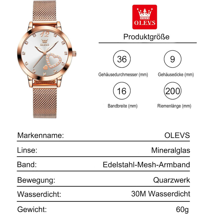 Годинник жіночий OLEVS Roségold: стильні годинники з нержавіючої сталі з мережевим ремінцем, водонепроникні, з діамантовим серцем (білий циферблат/рожеве золоте браслет)