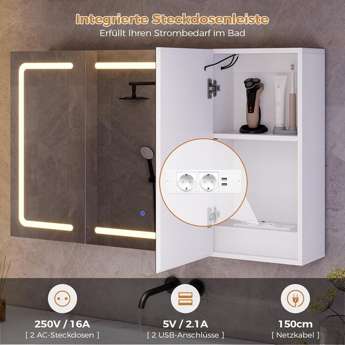 Дзеркало для ванної кімнати зі світлодіодним підсвічуванням, розеткою та 3 колірними температурами | Шафка для ванної кімнати 60x90x16 см (ВxШxГ), диммер + сенсорне управління | Біла шафка-дзеркало для ванної кімнати з 3 регульованими полицями та дзеркало