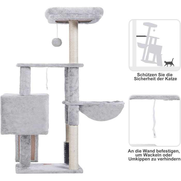 Котячий будиночок Heybly з котячою щіткою, котячий будиночок для домашніх котів з м'якою подушкою, котячий когтетоп з корзиною, когтеточкою та стовпчиком, HCT005SG (світло-сірий)
