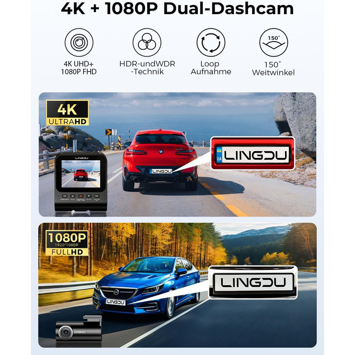 Відеореєстратор для авто Dashcam Auto Vorne Hinten 4K + 1080P з двома камерами, IPS-екран 2.4', SD 64GB, запис голосом, паркувальний режим, покращена нічна зйомка, WDR