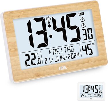 Digital XL Radio Clock with Very Large Digits | Alarm Clock with 2 Alarm Times and Backlight | Thermometer Hygrometer | Slim Frame Made of Real Bamboo