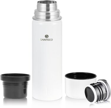 Термос-термокана з нержавіючої сталі SANTECO 1л, 500мл, не протікає, з кришкою-чашкою для подорожей. Термос для кави та чаю для дітей, спорту, без BPA, 24 години холод, 12 годин тепло (білий, 1000 мл)