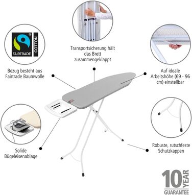 Гладильна дошка Brabantia Bügelbrett B, 124 x 38 см – металізована, 100% Fairtrade-бавовна, стабільна, регульована висота, з підставкою для праски