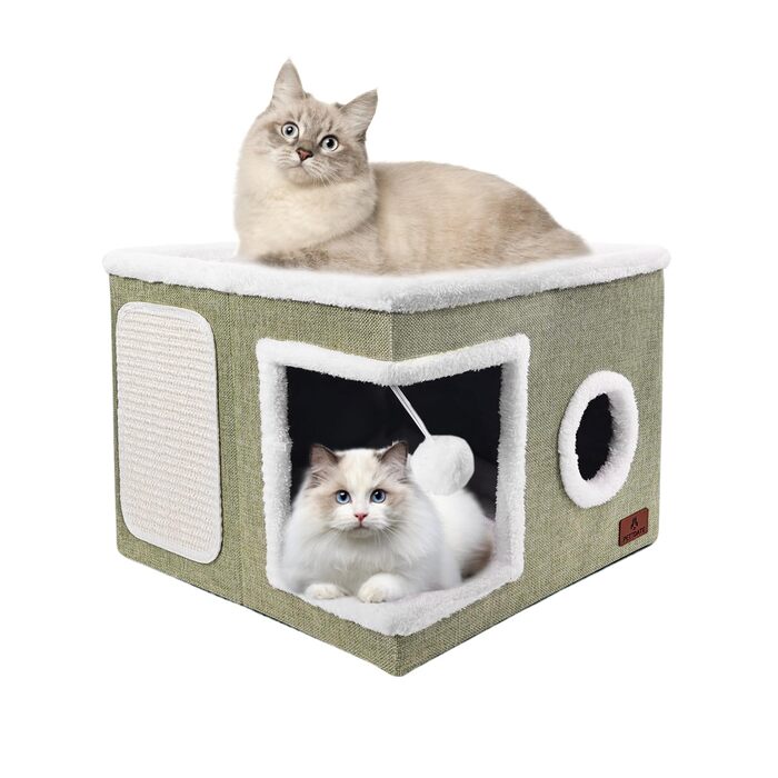 Кігтечка-будиночок для котів, кігтечка-печера з ковдрою та іграшкою, складаний будиночок-куб для котів, притулок для котів KatzenKondo з двостороннім подушкою, зелений, 41x41x32 см