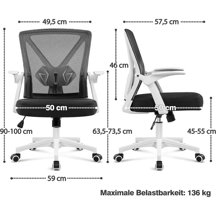 Офісне крісло Yaheetech з підйомними підлокітниками, сітчасте, ергономічне, з підтримкою попереку, функцією гойдання та регулюванням висоти (біле)