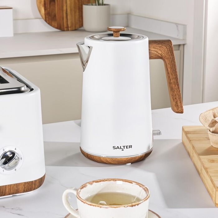 Електричний чайник SALTER Toronto з широкими слотами, 6 режимів підігріву, знімний контейнер для крихт, функція розморожування, підігріву та відключення, самоцентрування, підйомний механізм, білий, UK-штекер
