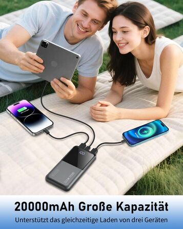 Портативний зарядний акумулятор Power Bank 20000mAh з швидкою зарядкою 22.5W, LCD дисплеєм, 1 USB-C та 2 USB-A, для iPhone 17/16/15/14/13 та смартфонів, чорний