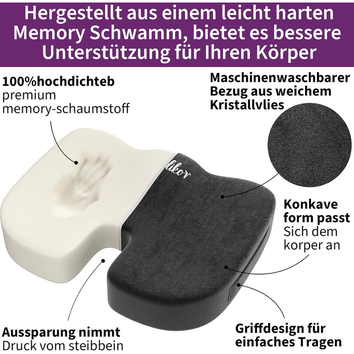 Ортопедична подушка для сидіння Radikor: для офісного крісла, авто, зі стегон, з Memory Foam, протиковзаюча, чорна