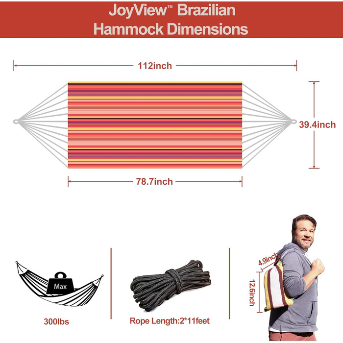 Гамак JoyView бразильський односпальний з мотузками та сумкою, 200x100 см, до 136 кг, червоно-смугастий – для тераси, дому, відпочинку