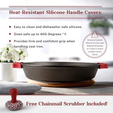 Набір сковорідок Cuisinel з чавуну, 15.2 см + 20.3 см + 25.4 см + 30.5 см + скляна кришка + силіконові ручки-тримачі – попередньо обпалена сковорода – посуд для приготування в духовці та на плиті, використання в приміщенні та на вулиці