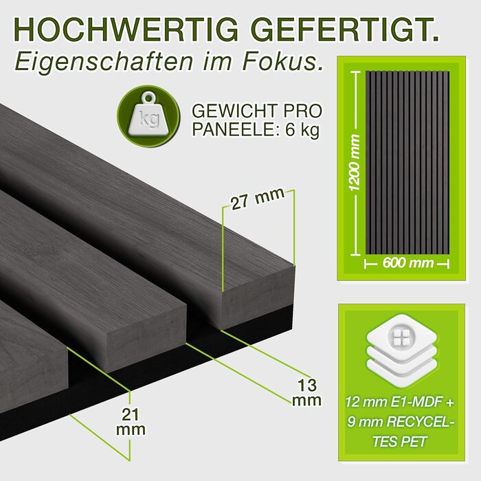 Акустичні панелі TRESKO з дерева 120×60x2,1 см, 2 шт. — 3D стінові ламелі для шумоізоляції, колір Дуб Антрацит, з набором для монтажу та 4 вішаками