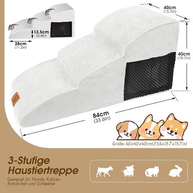 2-Step Dog Stairs, 40cm Cat Stairs with Washable Cover, Dog Stairs for Small Dogs, Pet Stairs for Dogs and Cats, Cat Stairs for Senior Cats, Black (3-Step Wider Dog Stairs)
