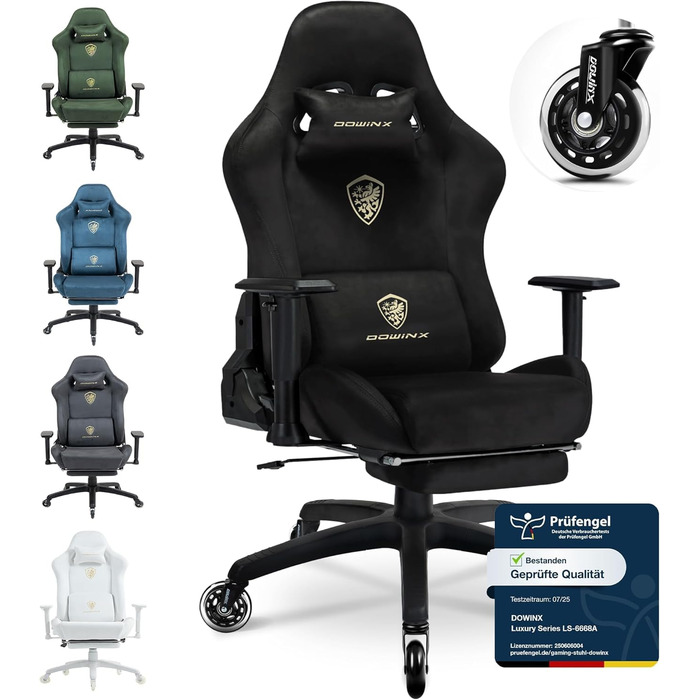 Ігровий крісло Dowinx з мікрофібри: дихаючий, ергономічний, з підніжкою, чорний