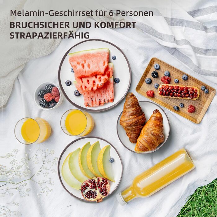 Набір посуду для кемпінгу на 6 осіб, 18 предметів: тарілки з меламіну у вінтажному стилі. Підходить для відпочинку на природі, пікніків, дачних вечірок та подорожей на автодомі. Tafelservice 6 Personen