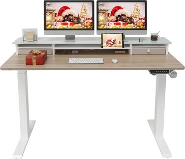 FEZIBO Electric Standing Desk with 2 Drawers - 140x60cm, Memory Control, Anti-Collision System, Light Brown Woodgrain