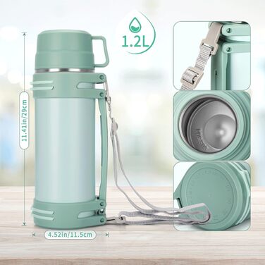 Термос-пляшка 1,5L з двома чашками, з нержавіючої сталі, ізольована, не протікає. Ідеально для кемпінгу та піших прогулянок. Термос-термопляшка 1200 мл, м'ятно-зелений колір