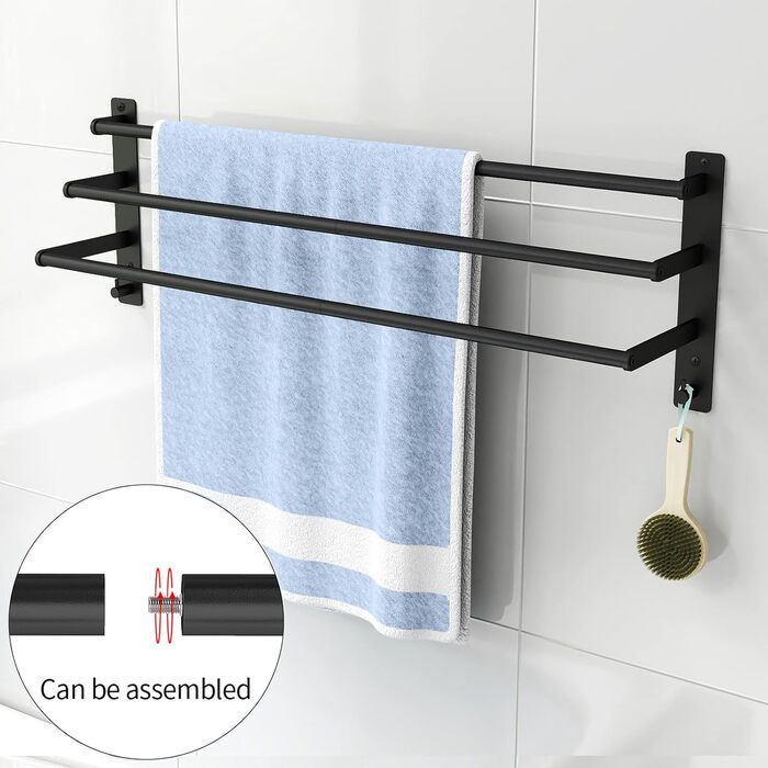 Тримач для рушників 80 см без свердління, чорний, з 3 стержнями, з нержавіючої сталі, з 2 гачками