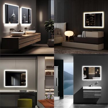 Дзеркало для ванної кімнати з підсвічуванням 50x70 см, LED, антизапарник, 2 кольори світла (3000K/6500K), прямокутне, горизонтальне/вертикальне, без рами