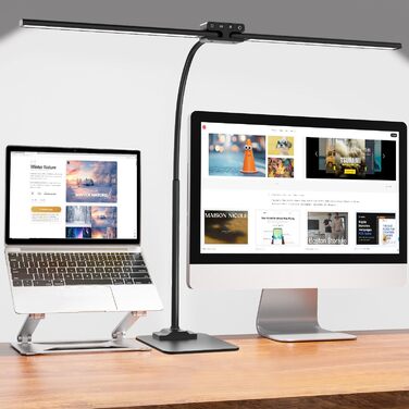 LED Desk Lamp with Adjustable Brightness, 1200 Lumens Dual Head Clamp-On for Home Office, Eye Protection Gooseneck Table Lamp, Monitor Light with 5 Color Temperature & Brightness Levels (Black Dual-Head Metal Base)