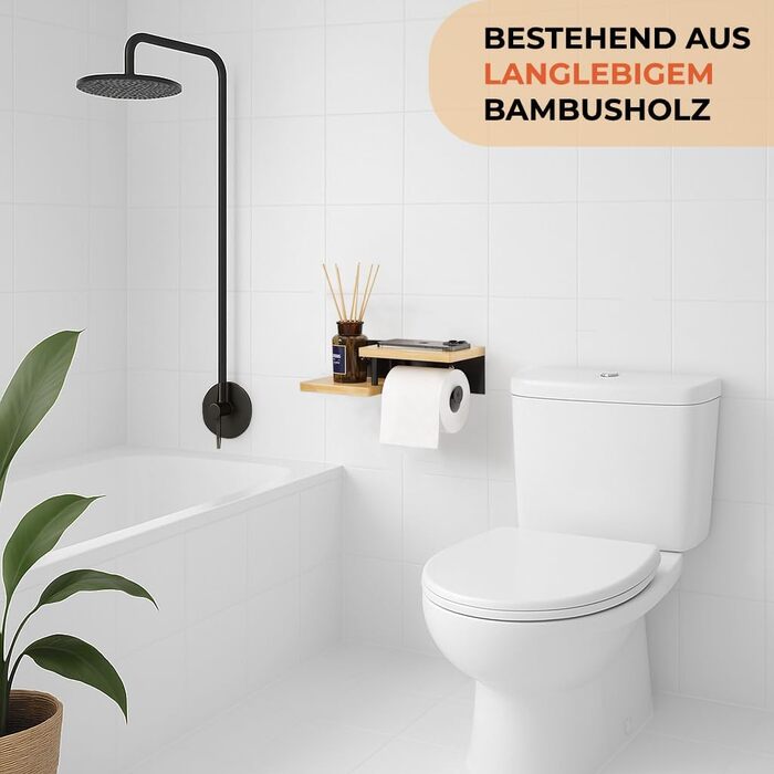 No-Drill Toilet Paper Holder with Towel Bars & Shelf - Stainless Steel & Bamboo Bathroom Organizer - Black Matte Finish