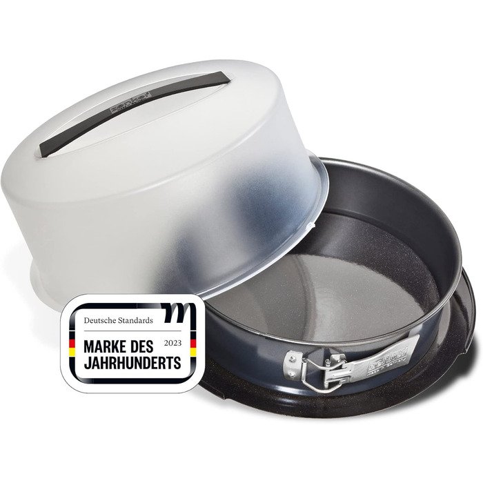 Zenker Springform with Transport Lid Ø 28 cm DELUXE, baking pan with enameled flat base and carrying lid, round cake pan for juicy cake to go (Color: Metallic Black), Quantity: 1 piece