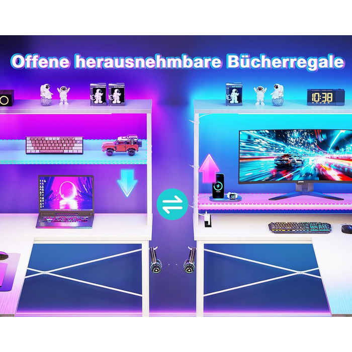 Ігровий стіл Coleshome L-подібної форми з LED-підсвічуванням та розетками, 135 × 100 см. Реверсивний кутовий стіл з полицями для зберігання, з сумкою для дому та ігор. (110×80 см, Білий)
