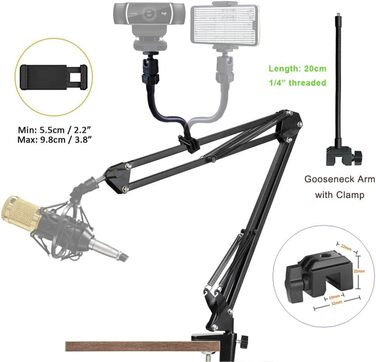 Кріплення для мікрофона на штативі (гусак) 2-в-1 з тримачем для веб-камери та телефону. Сумісний з Blue Yeti, HyperX QuadCast, Logitech C920, C930 та іншими.