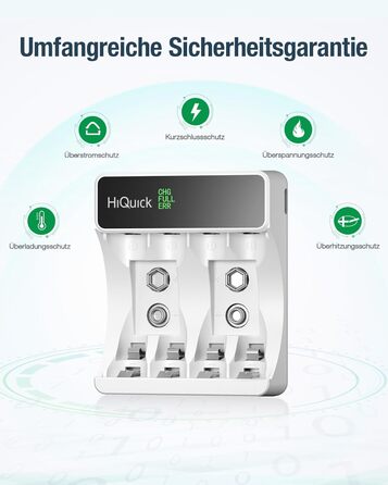 Швидкий зарядний пристрій HiQuick з LCD-дисплеєм для акумуляторів NI-MH NI-CD AA/AAA, 4 слоти, універсальний, для перезаряджуваних акумуляторів Mignon AA та Micro AAA