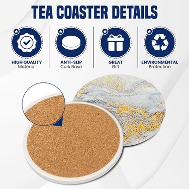 Guruji Divinity Absorbent Ceramic Stone Coasters, Set of 6, with Cork Bottom, Fun Drink Coasters with Holder for Cold Drinks, Wine Glasses and Cups, Table Protection, 10.2 cm (purple) (Glossy - White)