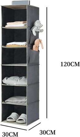 Настінна полиця-органайзер для шафи з 6 відділеннями та 2 кишенями сірого кольору для одягу та взуття