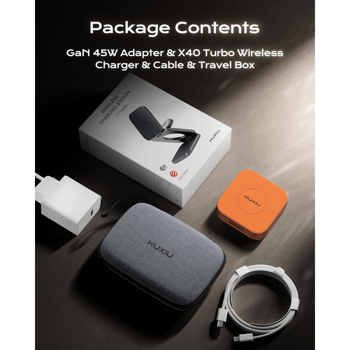 Бездротова зарядна станція KU XIU X40 Turbo Qi2.2 25W 3-в-1 для iPhone 17/16/15/14/13/12, Apple Watch та AirPods, алюмінієва, з адаптером GaN 45W (Космічний Помаранчевий)