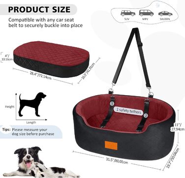 Dog Car Seat for Medium & Large Dogs (Up to 25kg) or 2 Small Dogs - with Leashes & Washable Cushion - Back Seat Cover (Black/Red)