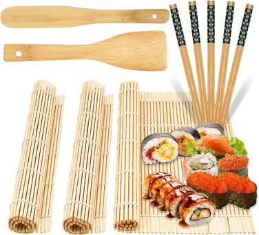 Набір для приготування суші на 10 порцій: 3 бамбукові мати, 5 пар паличок, ніж та ложка для рису. Для початківців та професіоналів