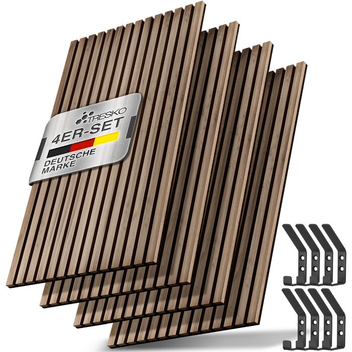 Акустичні панелі TRESKO з дерева 120×60x2,1 см, 3D ламельна стіна для шумоізоляції з вішалками для одягу, дуб натуральний (4 шт.)