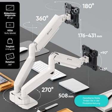 Кронштейн для двох моніторів ONKRON G160-BW (13-32 дюйми), газліфт, до 10 кг на плече, VESA 75x75/100x100, білий/чорний